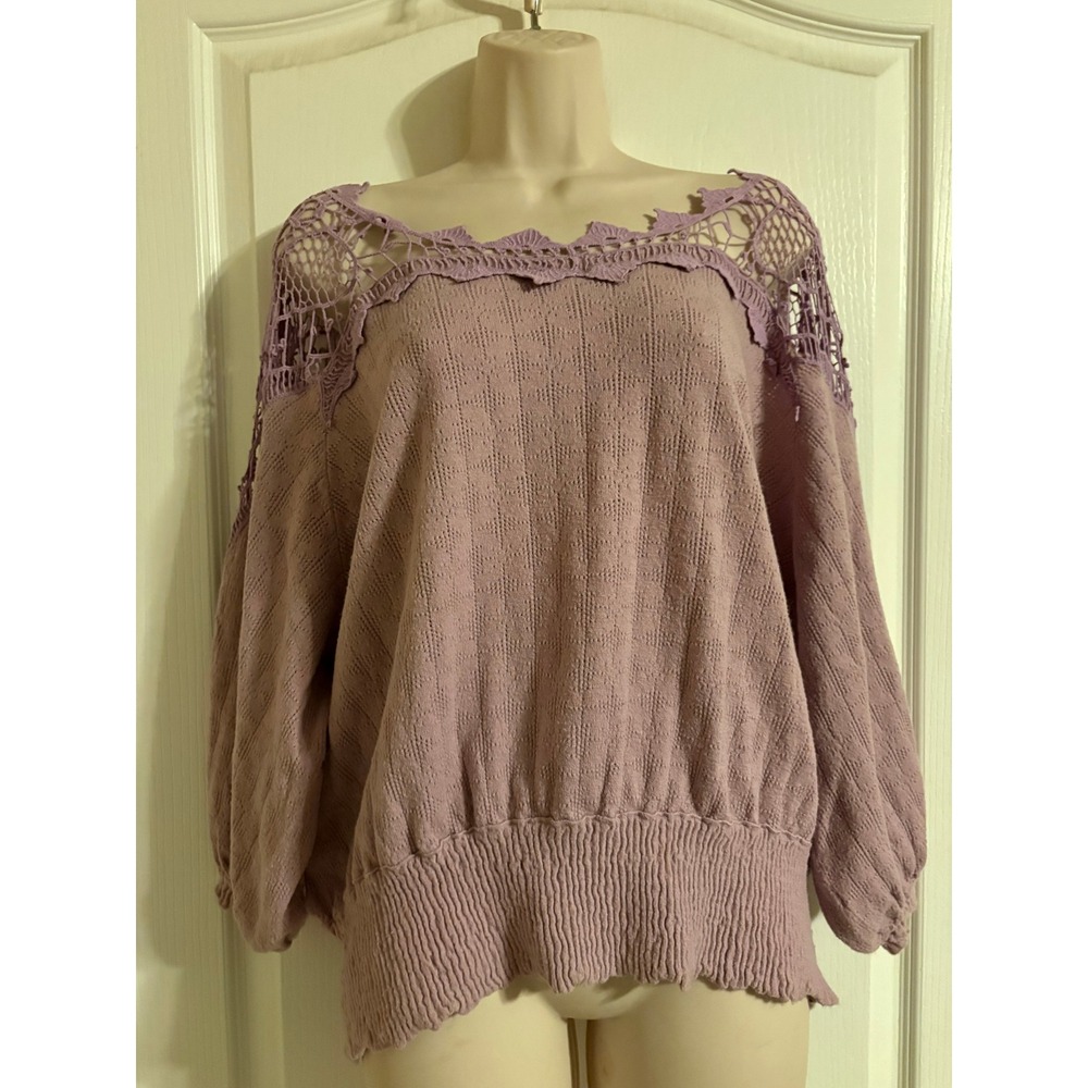 Free People Lavender Crochet Love Lace Yoke Smocked‎ Hem Blouson Sweater Large - Picture 2 of 8